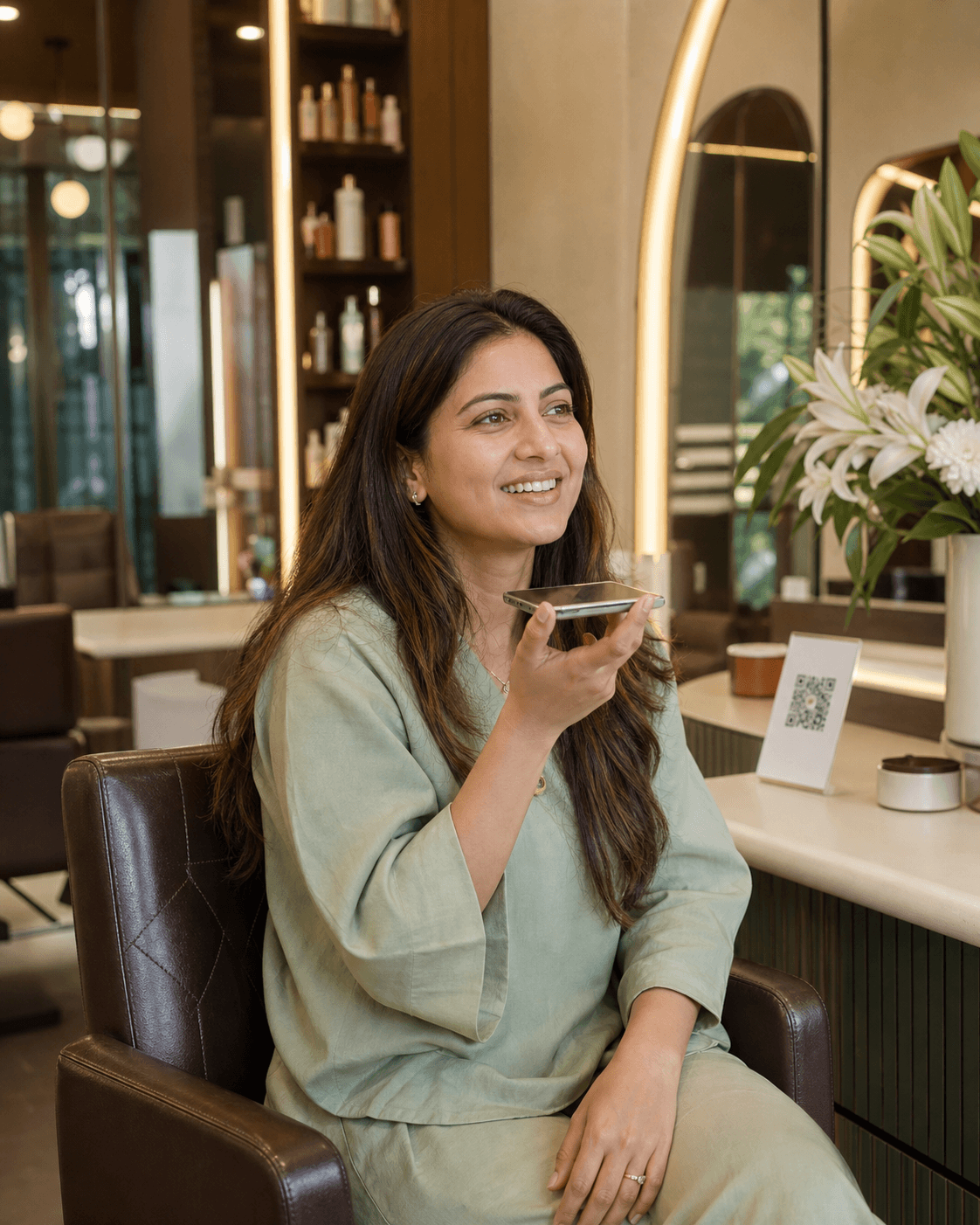 Salon customer recording a voice review after her appointment