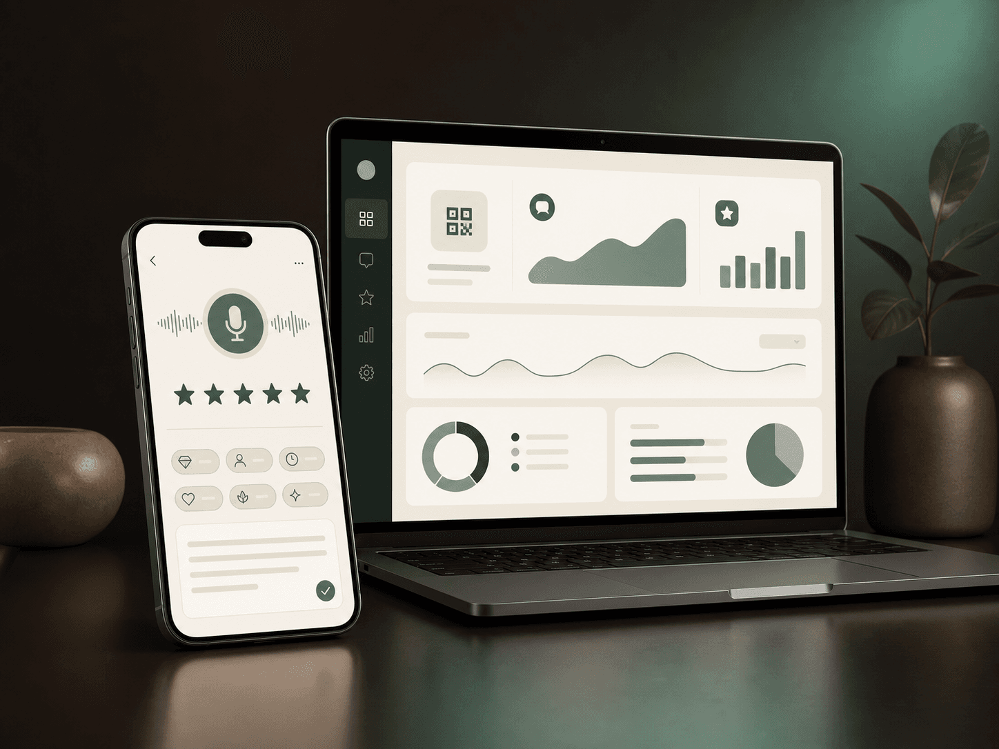TyTrust voice review page and merchant analytics dashboard on phone and laptop