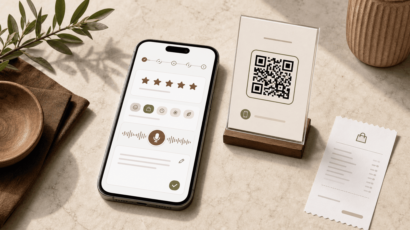 Phone showing the TyTrust rating, voice input, experience tags, and review draft workflow beside a QR stand