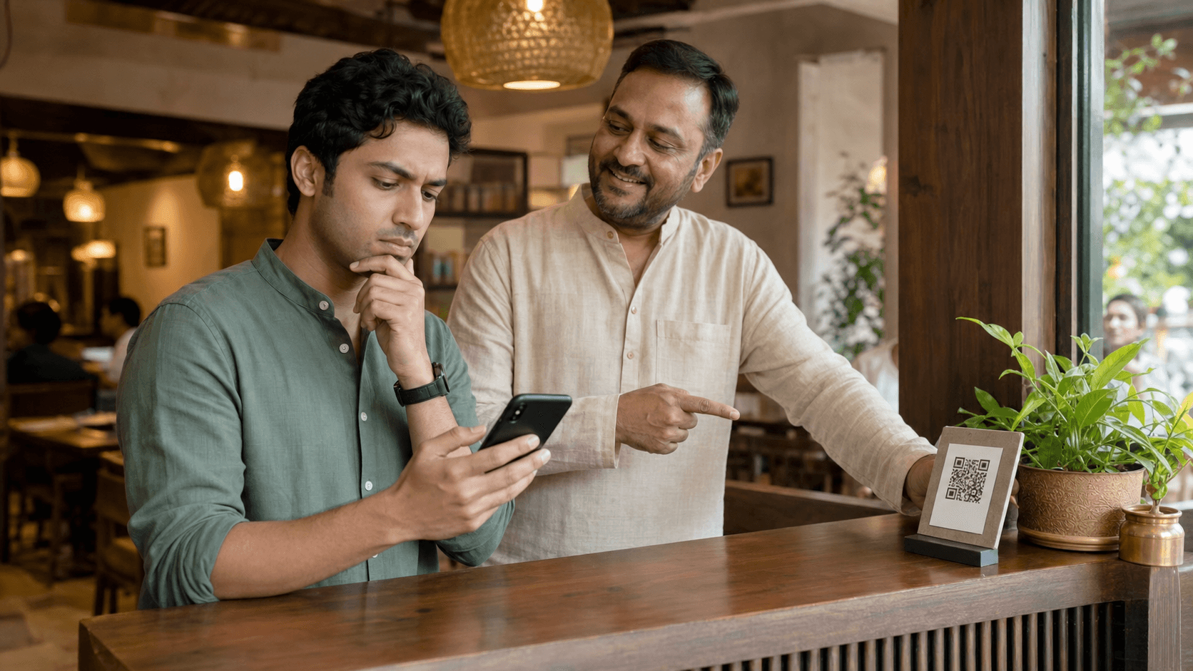 Customer considering what to write after scanning a restaurant review QR code
