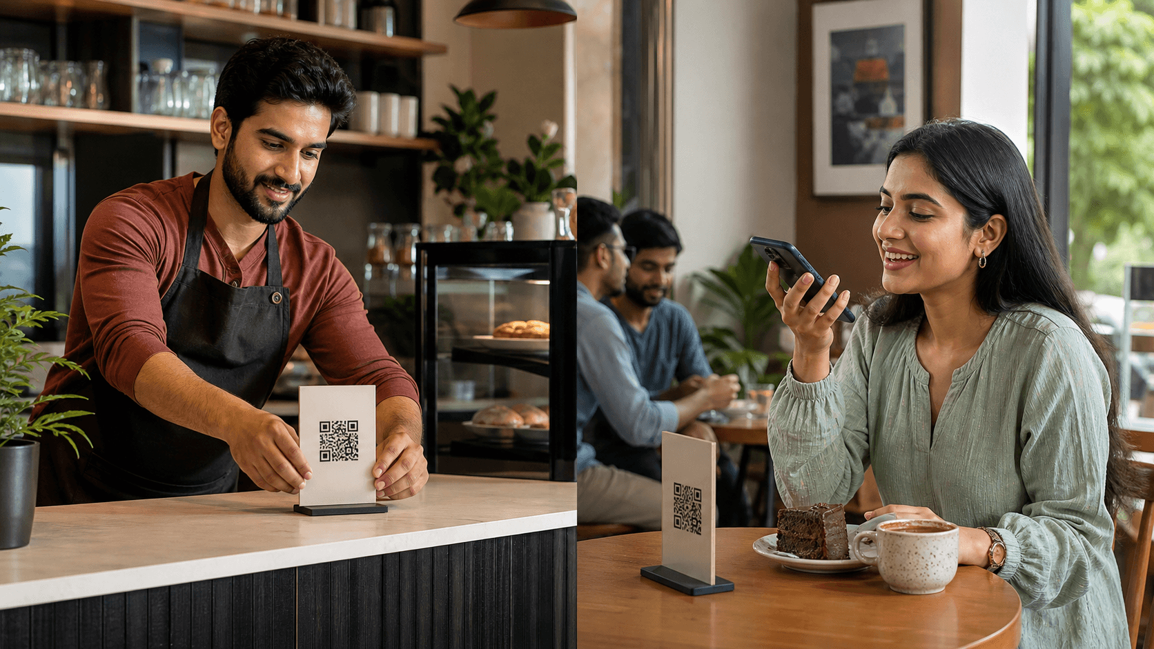 A local business owner and customer using a QR voice-review flow